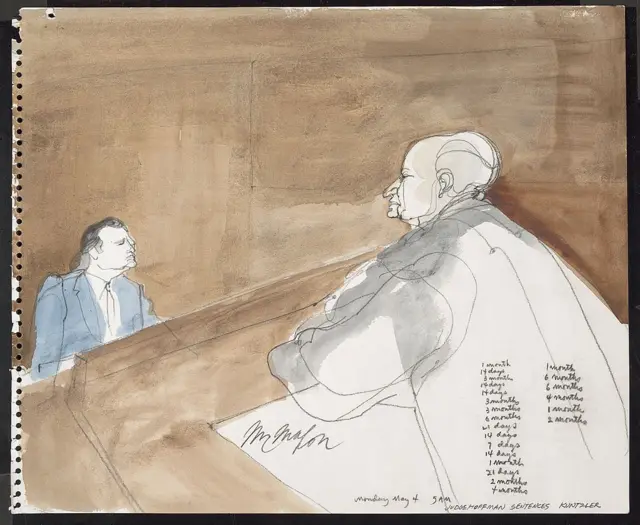 Судья Джулиус Хоффман свысока взирает на адвоката Уильяма Канстлера. Рисунок Фрэнклина Макмахона, сделанный во время процесса