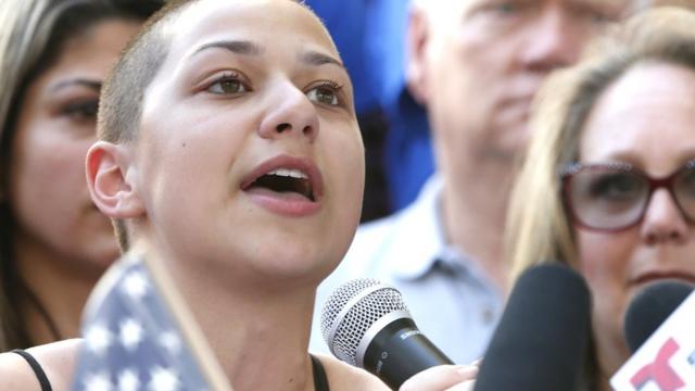 Marjory Stoneman Douglas High School student Emma Gonzalez speaks at a rally for gun control at the Broward County Federal Courthouse in Fort Lauderdale, Florida on February 17, 2018.