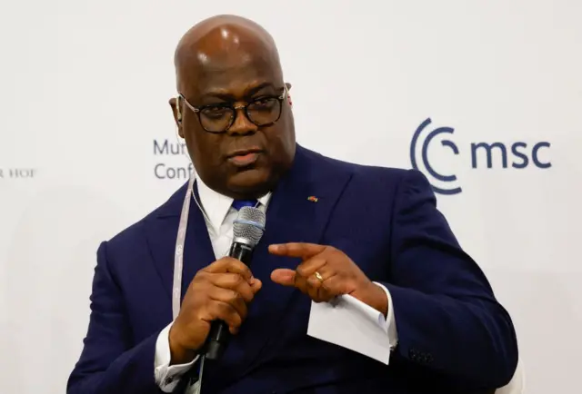 Le président congolais Felix-Antoine Tshisekedi Tshilombo s'exprime lors de la 61e Conférence de Munich sur la sécurité (MSC) à Munich, dans le sud de l'Allemagne, le 14 février 2025. 