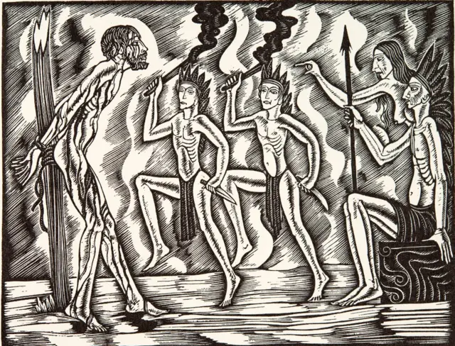 Syahid, atau Martir. Cukilan kayu dari The Travels and Sufferings of Father Jean de Brebeuf, 1938, menggambarkan Santo Jean de Brebeuf (1593 - 1649) ditangkap dan dibunuh suku Iroquois yang menyerbu desa Huron (sekarang St Louis, Kanada) pada 16 Maret 1649.
