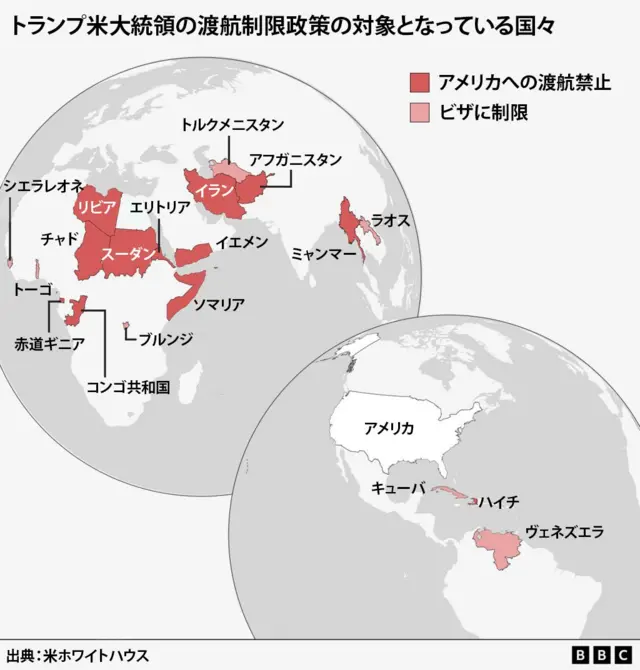 2025年6月にトランプ氏が署名した大統領令で、アメリカへの入国が原則禁止された12カ国（アフガニスタン、ミャンマー、チャド、コンゴ共和国、赤道ギニア、エリトリア、ハイチ、イラン、リビア、ソマリア、スーダン、イエメン）と、一部入国が制限された7カ国（ブルンジ、キューバ、ラオス、シエラレオネ、トーゴ、トルクメニスタン、ヴェネズエラ）を示した地図