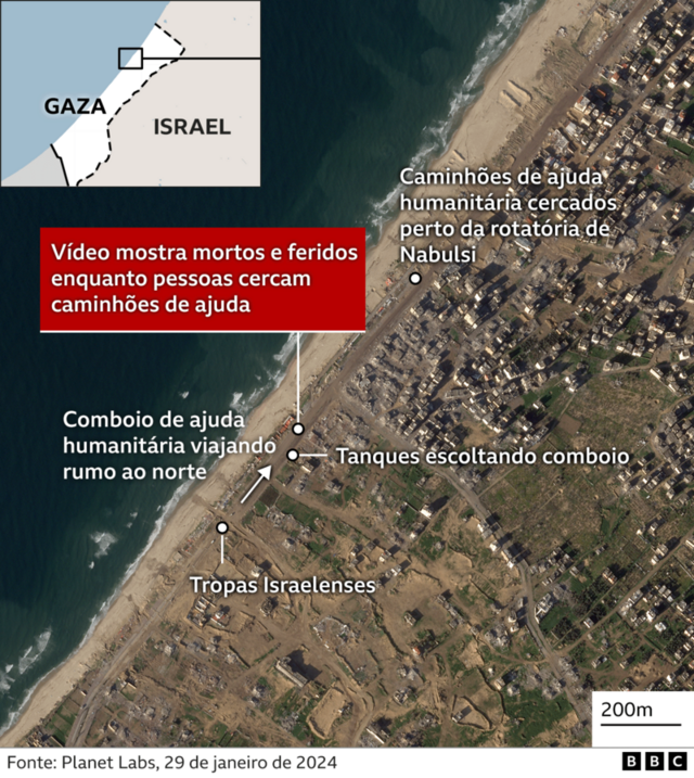 Imagem de satélite com anotações mostra rota do comboio e onde ocorreu ataque