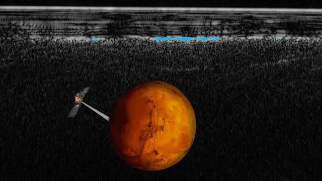 Illustration of Mars Express probing the surface of Mars. Superimposed above are the radar findings, showing the thin layers of the South Polar Layered Deposit, with one small area in bright blue
