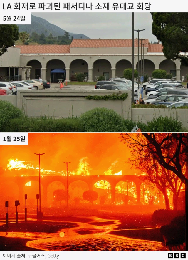 2024년 5월(위)과 올해 1월(아래)의 모습을 비교한 사진. 이번 산불로 LA 패서디나 소재 유대교 회당이 파괴되었다