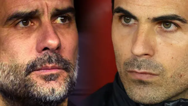 Composite close-up of rival managers Pep Guardiola and Mikel Arteta
