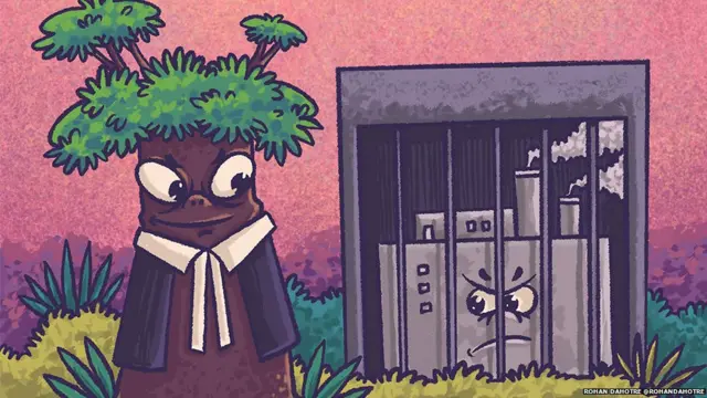 A tree dressed as a lawyer looks at a polluting factory locked up in prison, ਵਾਤਾਵਰਨ ਤਬਦੀਲੀ