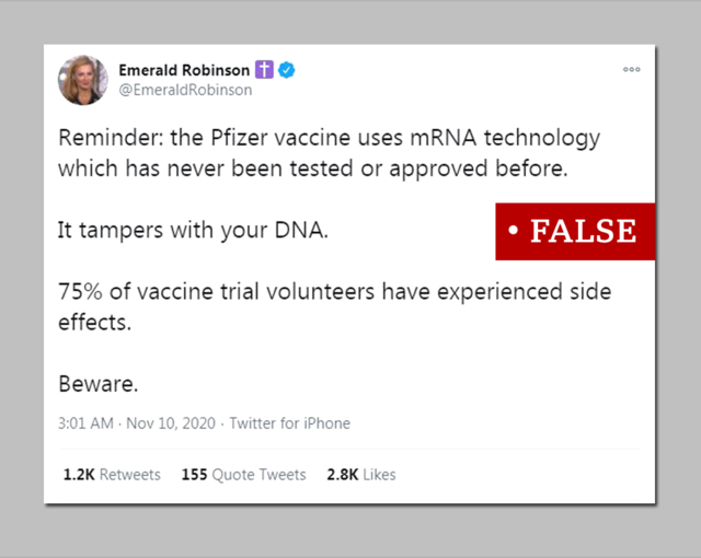 "Вакцина Pfizer використовує технологію mRNA, яку ніколи не тестували і яка не була схваленою. Вона втручається у ДНК людини, а 75% волонтерів, які випробували вакцину, відчували побічні ефекти. Будьте обережні" - це неправда.