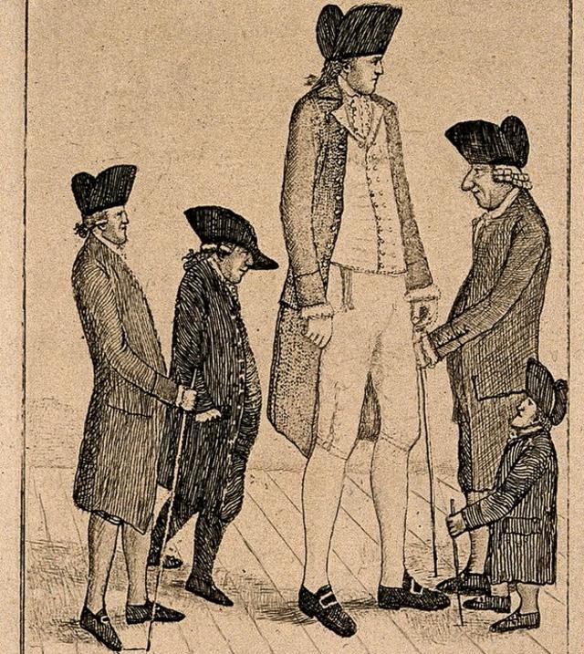 "Charles Byrne, un gigante, George Cranstoun, un enano, y tres otros hombres de tamaño normal", es la descripción de este grabado de J. Kay, 1794.