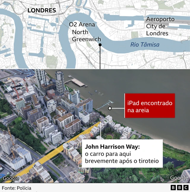 Gráfico mostrando onde o iPad foi encontrado no Rio Tâmisa, perto da John Harrison Way