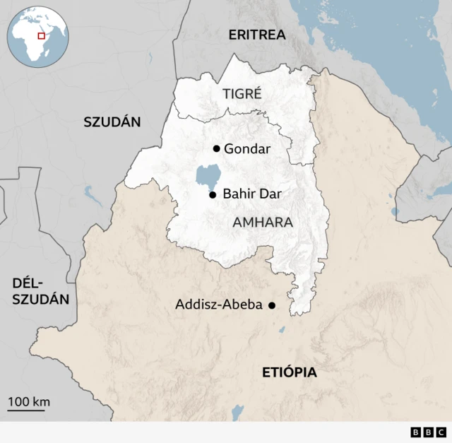 Térkép, amely bemutatja Amhara elhelyezkedését Északnyugat-Etiópiában. Amharától északra található a Tigré tartomány. Etiópia szomszédai – Eritrea (északon), valamint Szudán és Dél-Szudán (nyugaton) – szintén láthatók rajta.