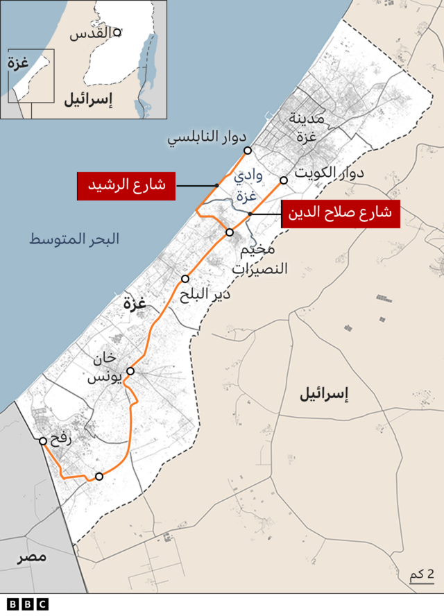 الطريق الذي تسلكه شاحنات المساعدات في قطاع غزة بدءا من رفح الفلسطينية