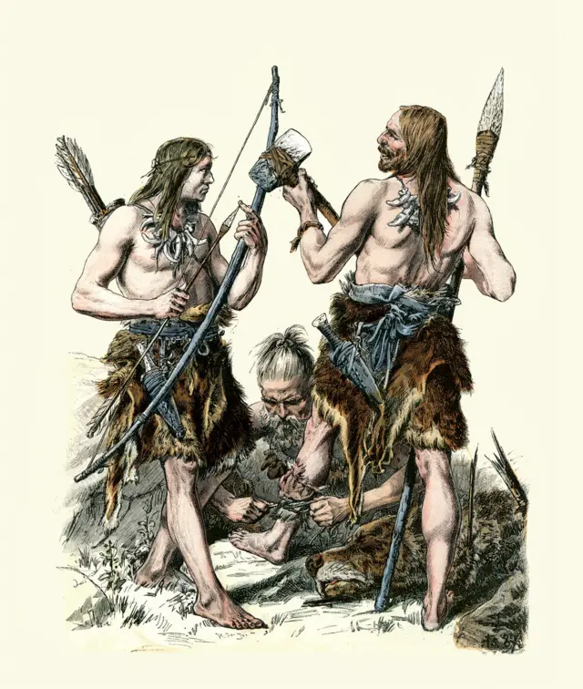 Stone Age hunters, dressed in animal skins, armed with bow and arrow, Flint axe and spear, bone necklace, Ancient History - stock illustration