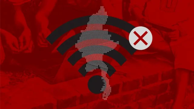 အင်တာနက်အသုံးပြုသူတွေရဲ့ ဓာတ်ပုံကို အနီရောင်ပြောင်းပြီး အပေါ်ကနေ ဝိုင်ဖိုင်ဆစ်ဂနယ်ပုံ၊ မြန်မာနိုင်ငံမြေပုံကိုထပ်ထားတဲ့ ဘေးက ကြက်ခြေခတ်ပုံ ဂရပ်ဖစ် 