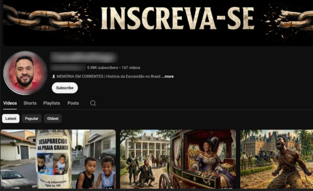 Canal mistura vídeos sobre notícias e publicações sobre escravidão com IA; imagem mostra thumbs do Youtube do canal e rosto do criador de conteúdo