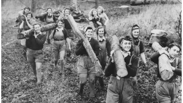 девушки несут бревна