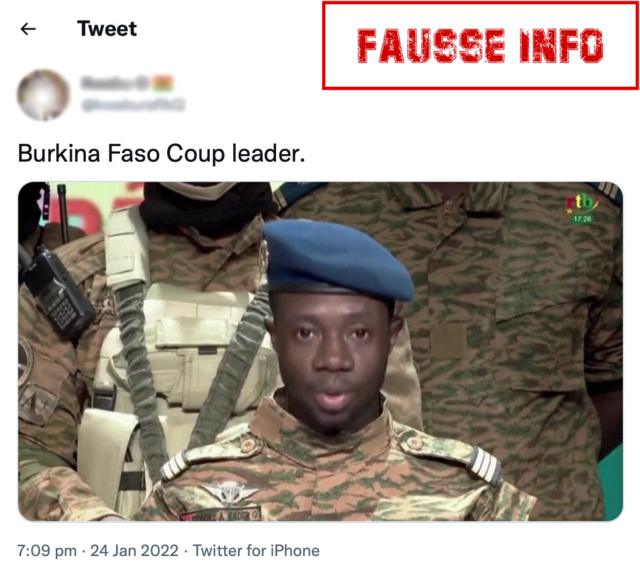 Capture d'écran d'un tweet véhiculant une fausse information sur l'identité du leader du coup au Burkina