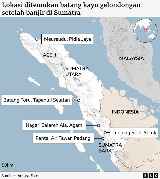 Peta menunjukkan titik lokasi kayu gelondongan di Aceh, Sumatra Utara, dan Sumatra Barat