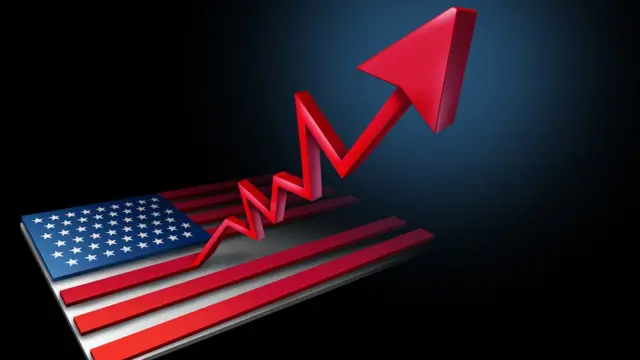 Gráfico mostra seta saltando da bandeira dos Estados Unidos, em uma provável referência ao crescimento do país