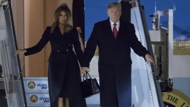 US President Donald Trump and First Lady Melania Trump disembark Air Force One at Orly airport, near Paris, on 9 November 2018