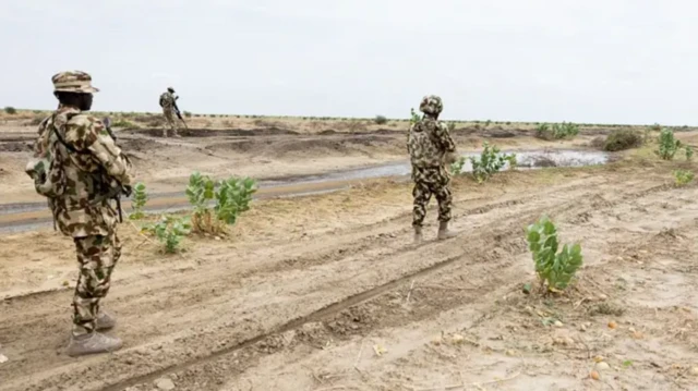 Awọn sọja meji to wọ aṣọ ologun gbe ibọn lọwọ