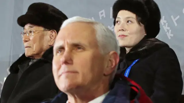 Kim Yo-jong, hermana Kim Jong-un, Kim Yong-nam (izquierda), presidente del Parlamento de Corea del Norte, y Mike Pence.