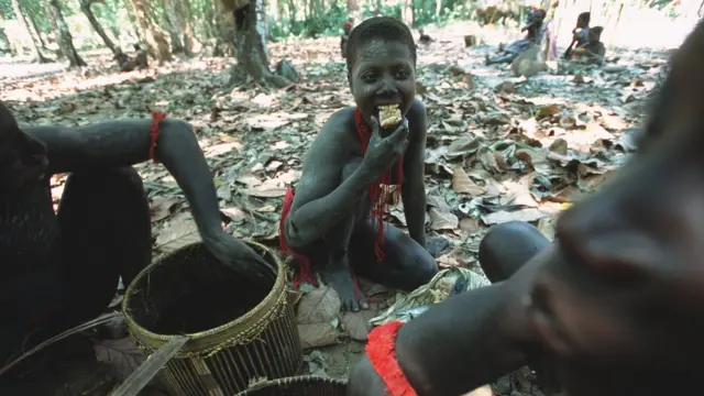 Some Jarawas sample honey from a honey stock