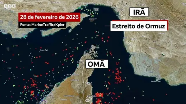 Mudança no fluxo de navios no Estreito de Ormuz com conflito no Irã