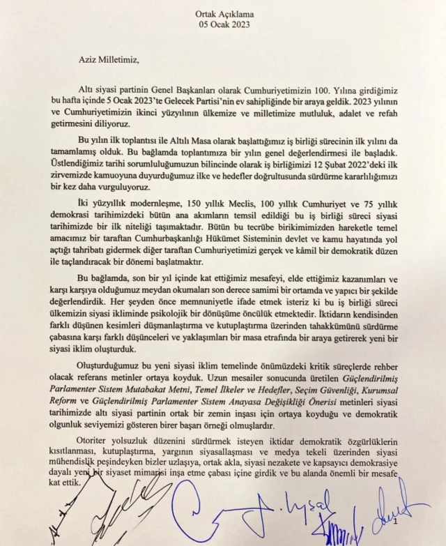 Altılı Masa'nın ortak açıklaması