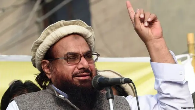 Jamat ud-Dawa organisation Hafiz Saeed addresses a rally against the printing of satirical sketches of the Prophet Mohammed by French magazine Charlie Hebdo in Lahore on January 23, 2015.