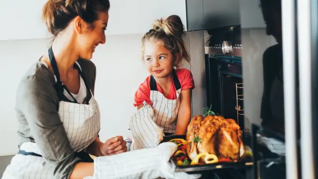 мама и дочка в кухне достают индейку из духовки