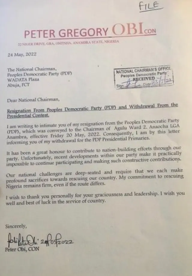 Akwụkwọ Obi degaara onyeisi PDP