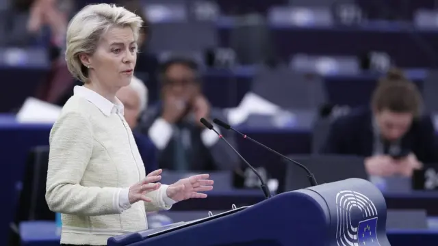 Ursula von der Leyen dalam pidato di Strasbourg, Prancis, pada 04 May 2022