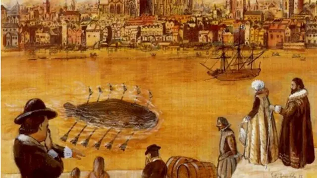 El submarino de 12 remos que maravilló a los que lo vieron, y hasta a los que no lo vieron, en el Támesis, pintado por G.H. Tweedale.