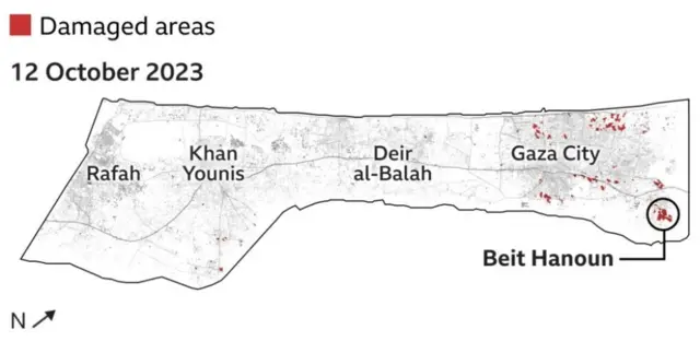 Obodo Beit Hanoun dị na mpaghara ugwu, naanị kilomita abụọ (maịlị 1.2) site n’okeala bụ otu n’ime mpaghara Izrel buuru ụzọ busoo agha. O nwetara ezigbo mbibi.