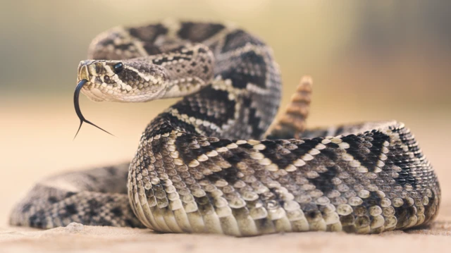 Florida'da doğu elmas sırtlı çıngıraklı yılanı (Crotalus adamanteus). Ağzından çıkıntı yapan kahverengi çatallı bir dil olan koyu ila açık kahverengi pullara sahiptir. Hikayesinin sonundaki çıngırak, uzun, kıvrılmış gövdesinin üzerine yapışıyor.