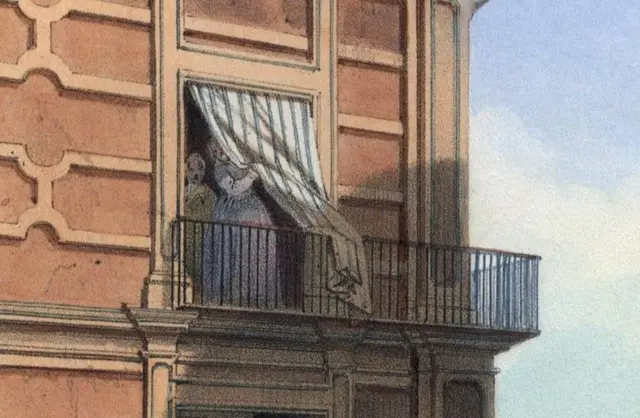 Fragmento de una ilustración de la toma de Ciudad de México por parte de EE.UU., con dos mujeres mirando entre una cortina desde un balcón