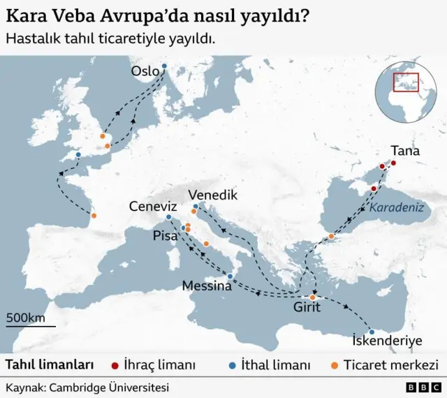 Ukrayna'dan ve Karadeniz üzerinden Avrupa'ya tahıl ticareti rotasını gösteren harita
