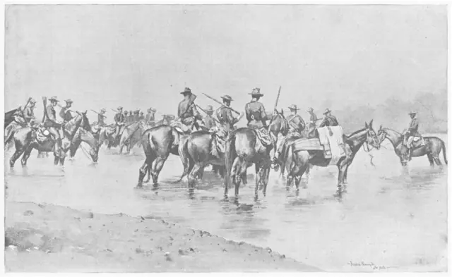Grupo de hombres armados a caballo.