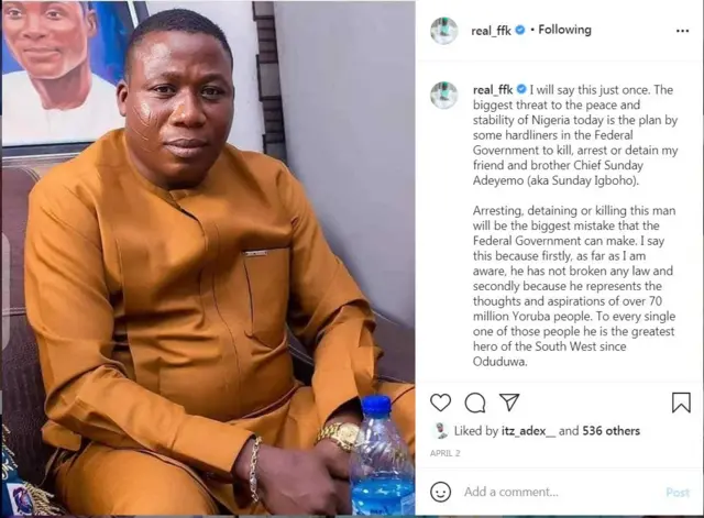 Ọrọ ti Femi Fani-Kayode sọ soju opo Instagram rẹ nipa Sunday Igboho