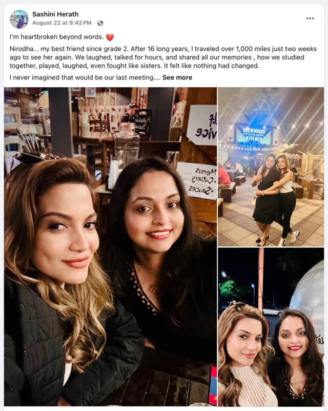 නිරෝධාගේ අභාවය සම්බන්ධයෙන් ඇයගේ මිතුරියක වන ශෂිනි හේරත් සිය ෆේස්බුක් ගිණුමේ තැබූ සටහනක්.