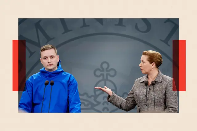 Глава правительства Гренландии Йенс-Фредерик Нильсен (слева) и премьер-министр Дании Метте Фредериксен делают заявление