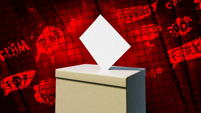 बीचमा मतपेटिका र वरिपरि सामाजिक सञ्जालबाट उत्पन्न कोलाहलको चित्राङ्कन