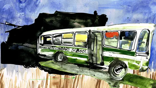 school bus with shadow of tank