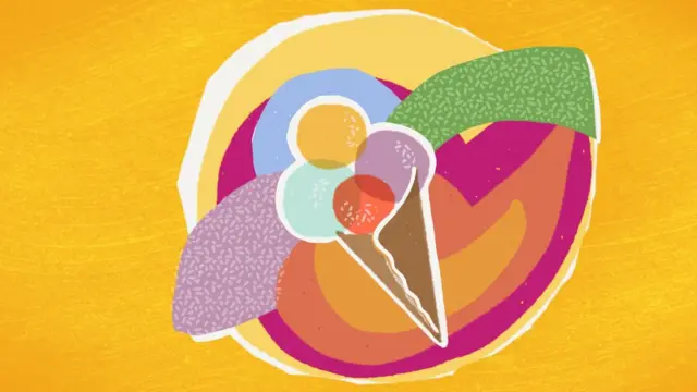 Illustration abstraite d'un cornet de glace avec des boules de glace de différentes saveurs