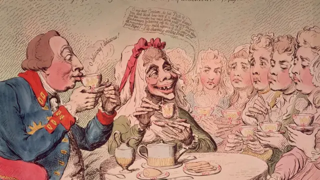 Супружеская чета, напоминающая Георга III и королеву Шарлотту, наслаждается чаем