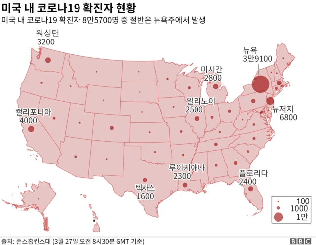 미국 내 코로나19 확진자 현황