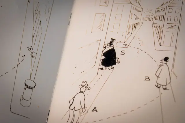 Малюнок із буклету МІ-5, що зображує підозрюваного, за яким стежать двоє співробітників агентства