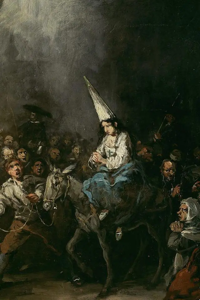 Pintura mostra uma mulher usando capirote sobre um jumento em meio a uma multidão