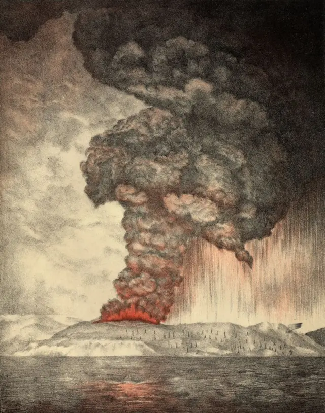 27 Mei 1883: Awan mengepul dari gunung berapi Krakatoa (juga dikenal sebagai Krakatau atau Rakata) di barat daya Indonesia selama tahap awal letusan yang akhirnya menghancurkan sebagian besar pulau tersebut. Laporan Royal Society tentang Letusan Krakatoa - diterbitkan tahun 1888. Litografi - Parker & Coward.