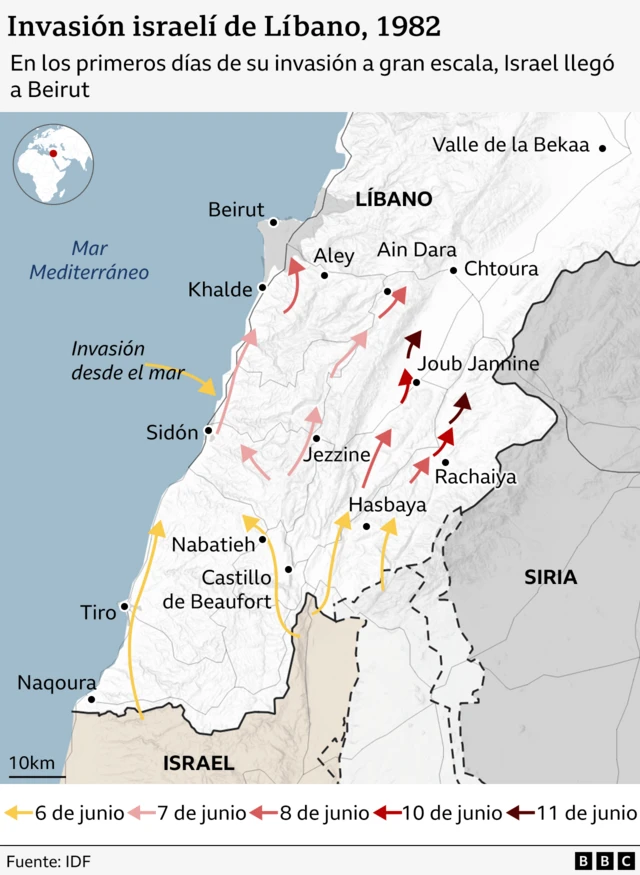 Mapa de la invasión de Líbano de 1982